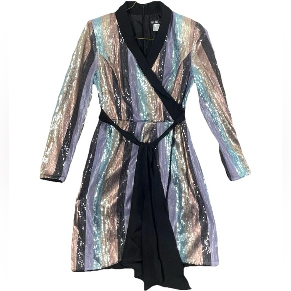 Venus Colorful Striped Sequin Tuxedo Dress Woman’s Sz 6, Faux Wrap, Zipper Retro - Picture 3 of 13